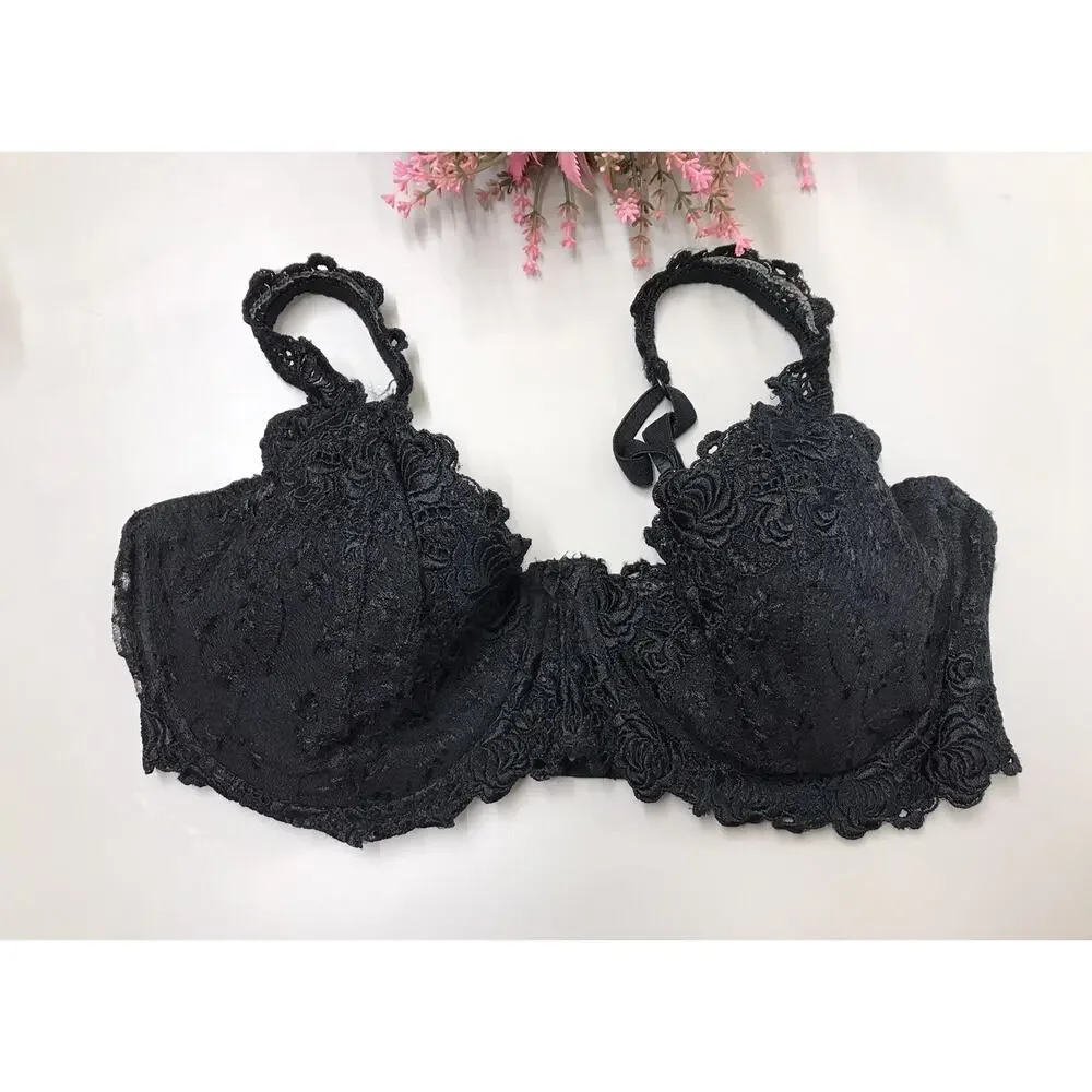 Vintage Delicates Black Bra 38D Lace Underwired Lightly Padded Embroidery Lace